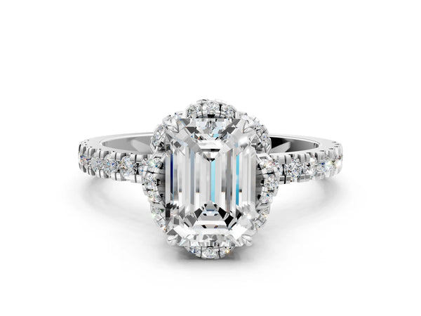 White gold Emerald Halo Diamond Pave Band Ring with Four-Prong Setting