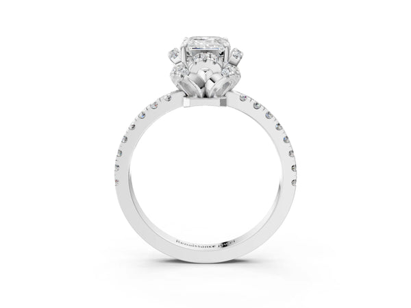 White gold Emerald Halo Diamond Pave Band Ring with Four-Prong Setting