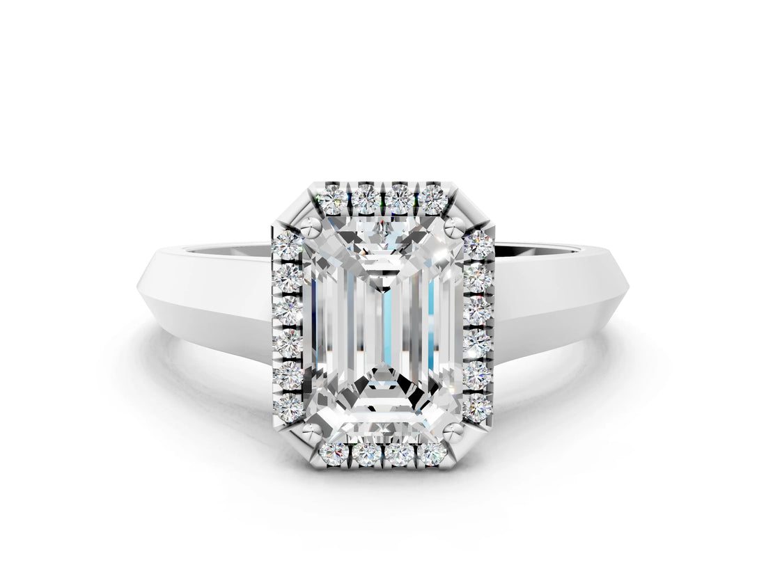 White gold Emerald Halo Diamond Ring with Cathedral Band and Four-Prong Setting_80