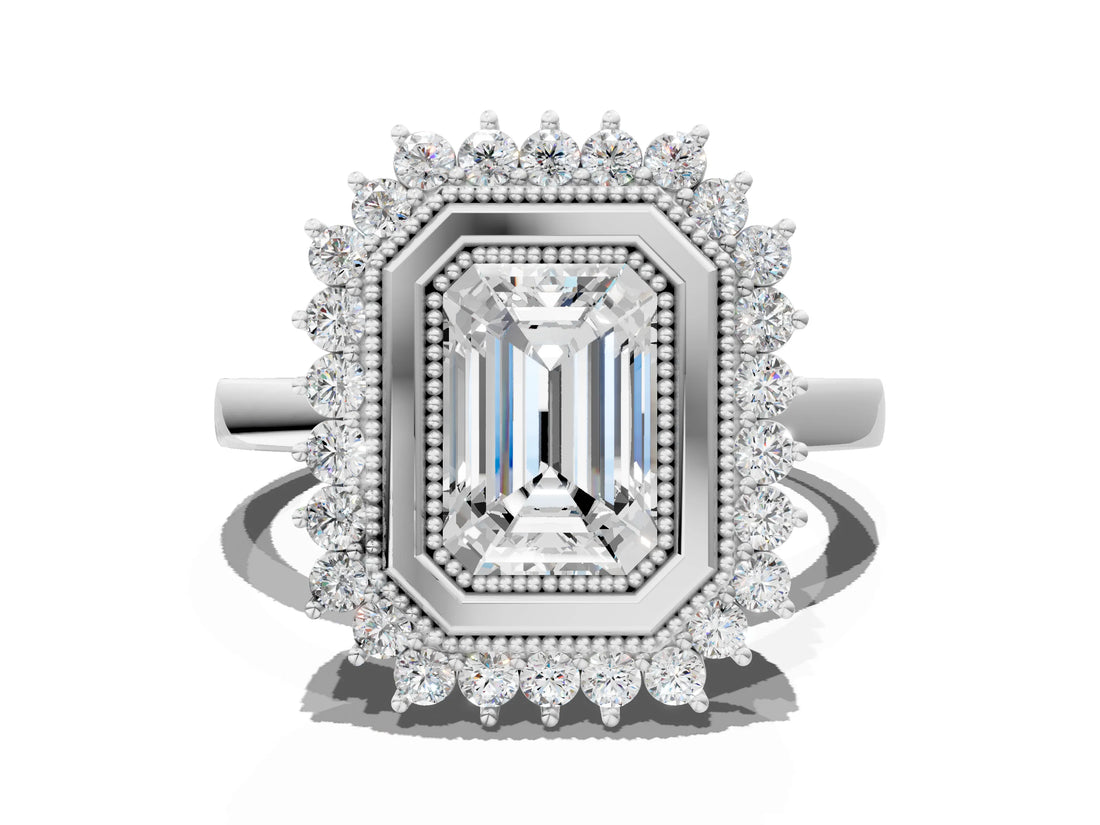 White gold Emerald Halo Diamond Ring with Milgrain Edge and Round Prong Setting_26