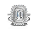 White gold Emerald Halo Diamond Ring with Milgrain Edge and Round Prong Setting_26