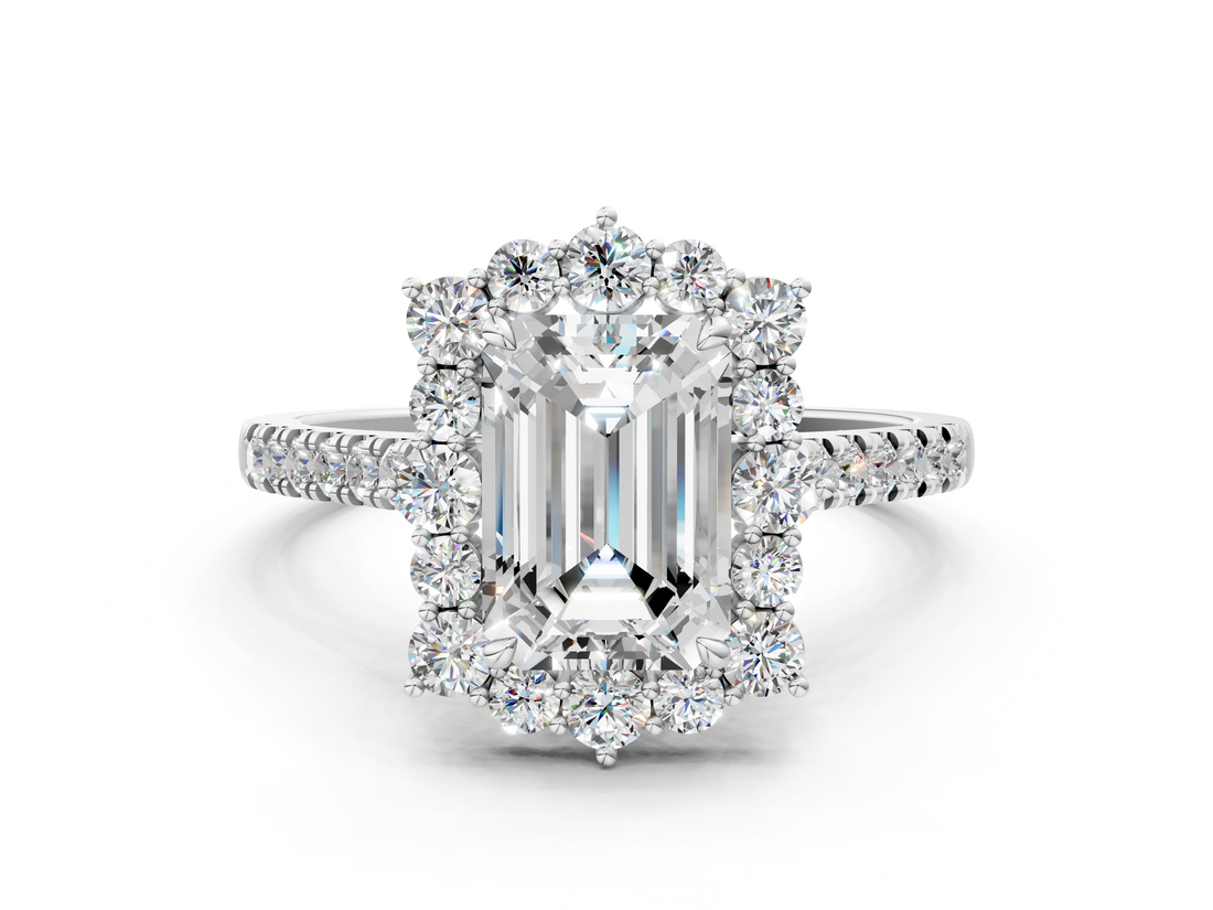 White gold Emerald Halo Diamond Ring with Pavé Band and Prong Setting_24