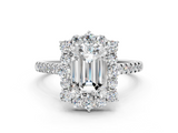 White gold Emerald Halo Diamond Ring with Pavé Band and Prong Setting_24