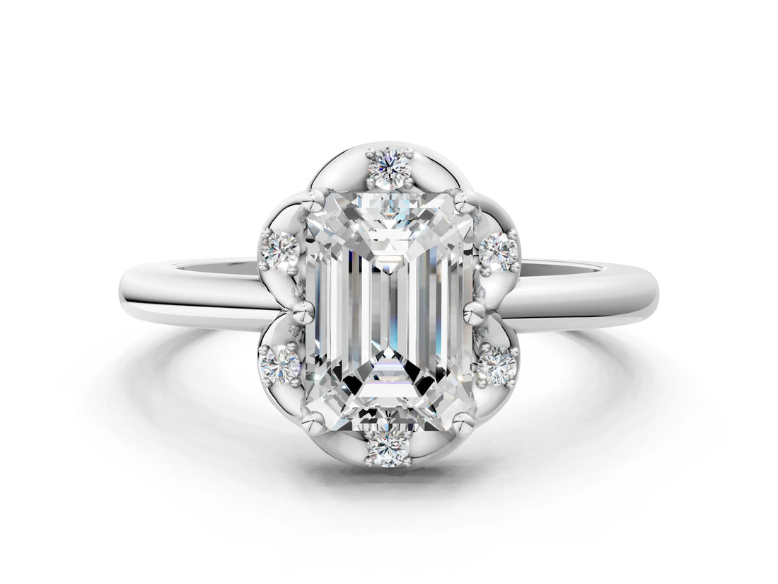 White gold Emerald Halo Diamond Ring with Round Cluster Setting, Solitaire Band, and Four-Prong Setting_40