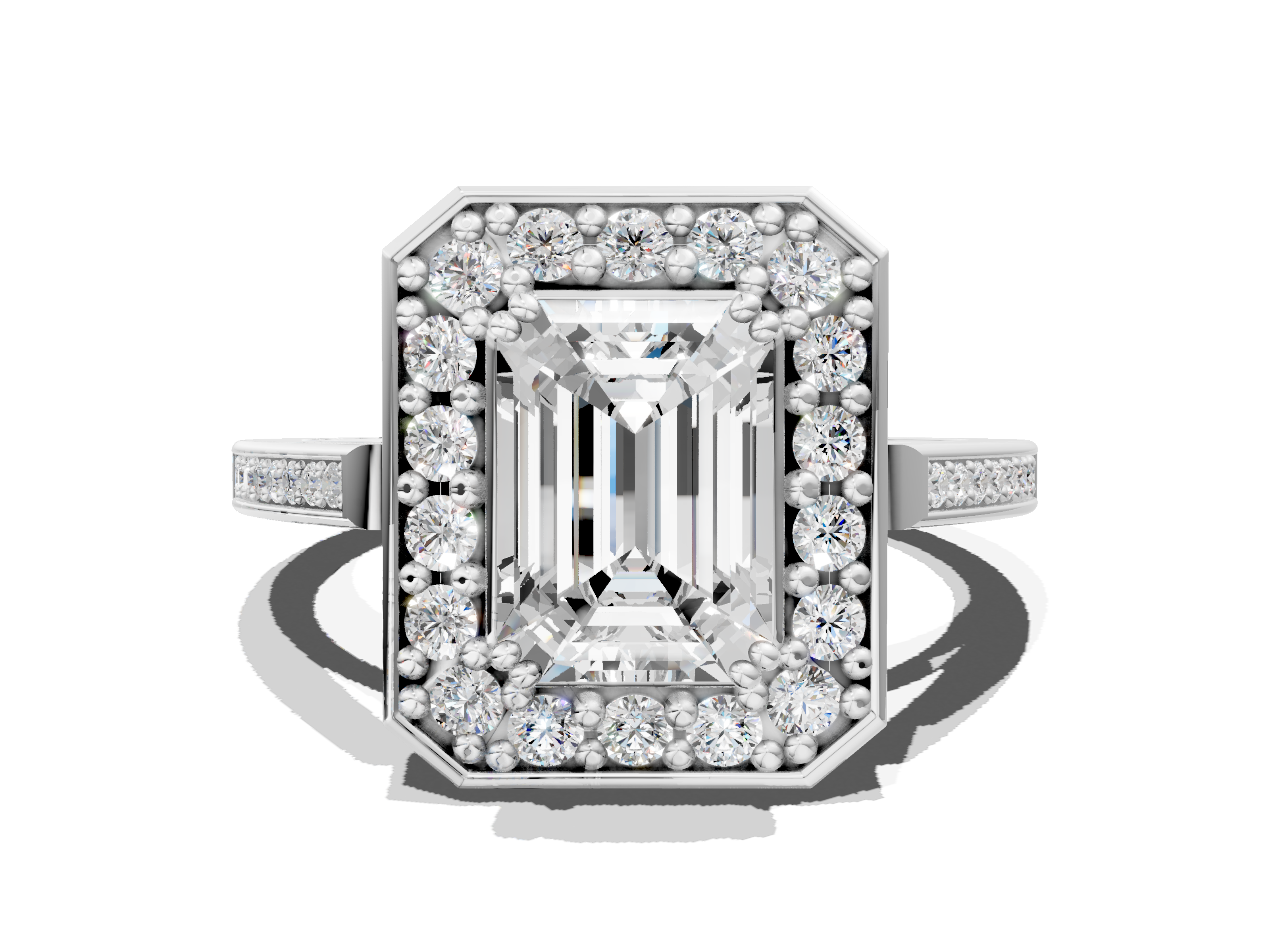 White gold Emerald Halo Diamond Ring with Split Shank and Four-Prong Setting_38