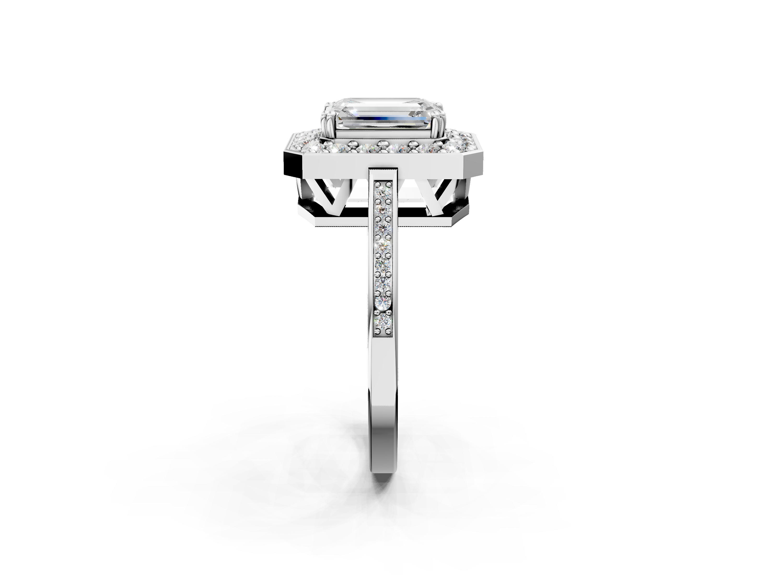 White gold Emerald Halo Diamond Ring with Split Shank and Four-Prong Setting_40