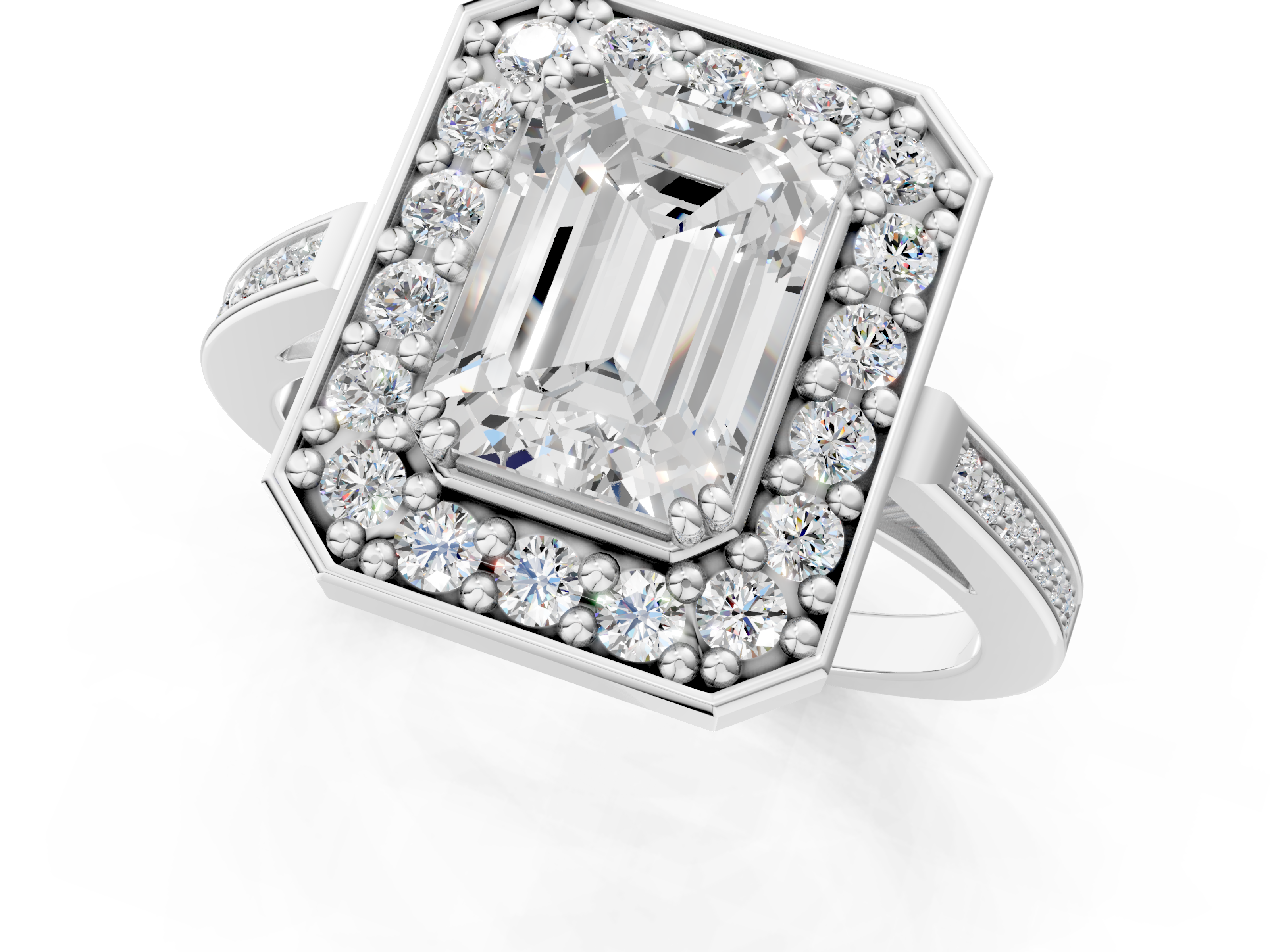 White gold Emerald Halo Diamond Ring with Split Shank and Four-Prong Setting_41