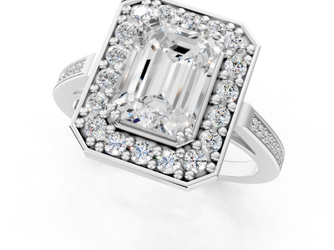 White gold Emerald Halo Diamond Ring with Split Shank and Four-Prong Setting_41