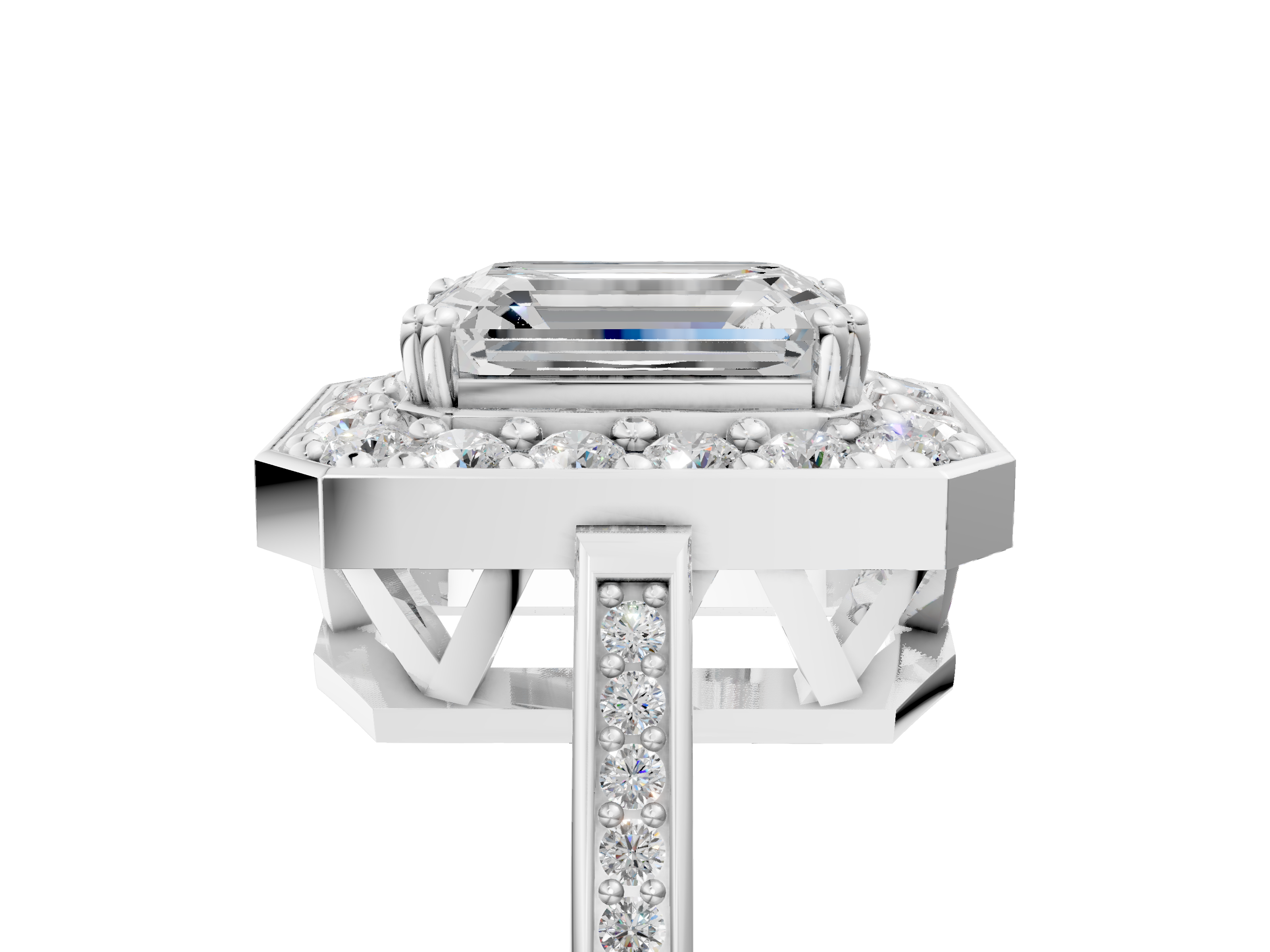 White gold Emerald Halo Diamond Ring with Split Shank and Four-Prong Setting_43