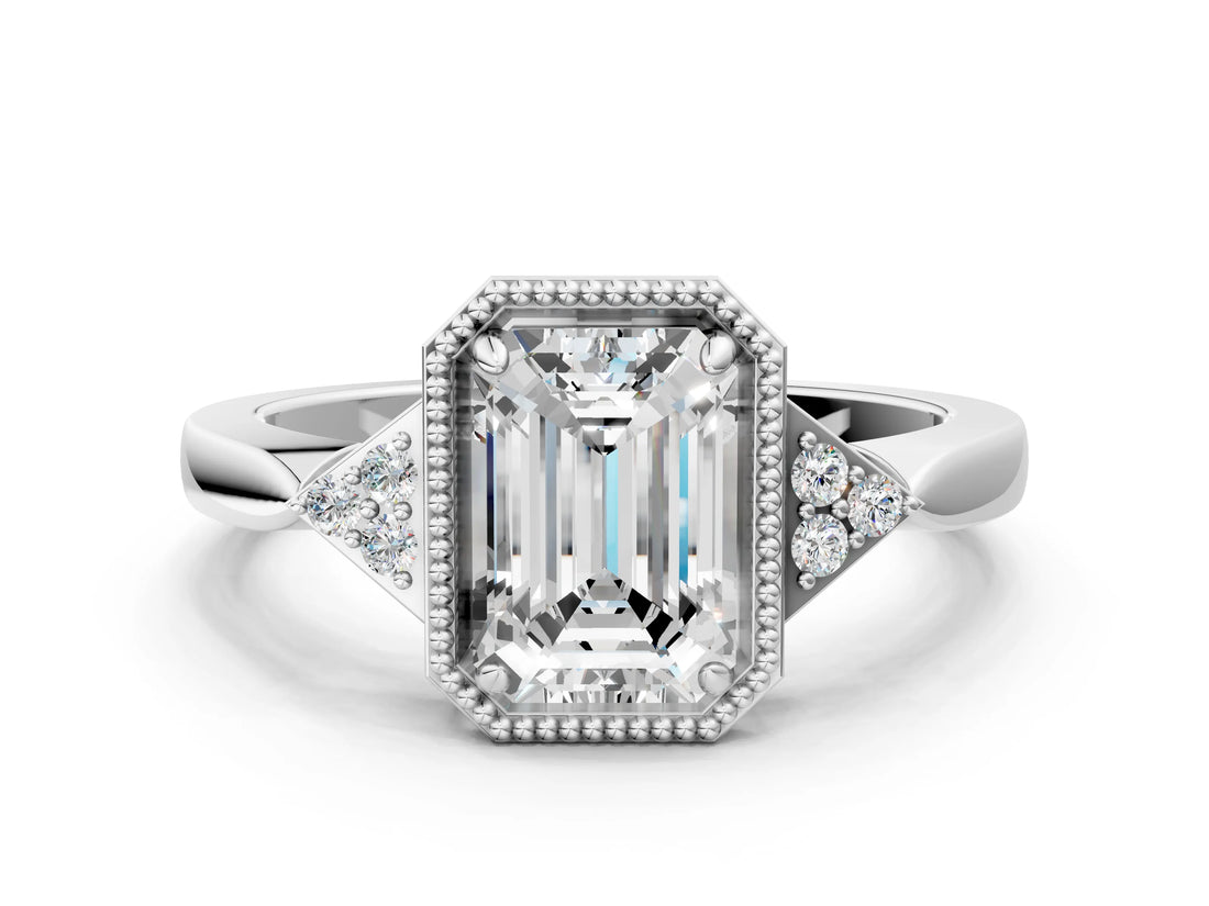 White gold Emerald Halo Diamond Ring with Tapered Band and Four-Prong Setting_15