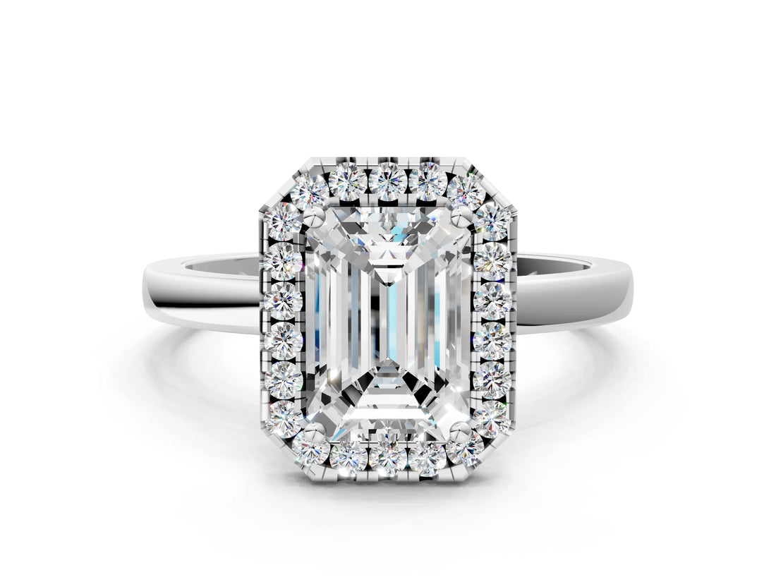 White gold Emerald Halo Diamond Solitaire with Pavé Band and Four-Prong Setting_111