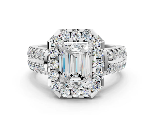 White gold Emerald Halo Diamond Split Shank Engagement Ring with Prong Setting