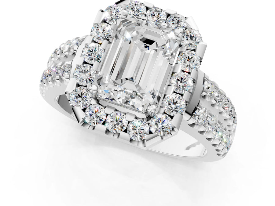 White gold Emerald Halo Diamond Split Shank Engagement Ring with Prong Setting