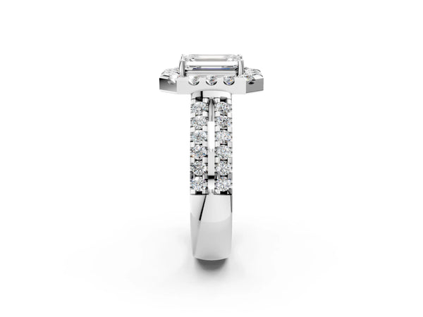 White gold Emerald Halo Diamond Split Shank Engagement Ring with Prong Setting