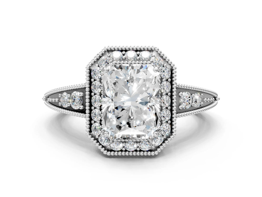 White gold Emerald Halo Diamond Split Shank Ring with Milgrain Detail_48