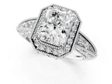 White gold Emerald Halo Diamond Split Shank Ring with Milgrain Detail_49