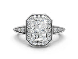 White gold Emerald Halo Diamond Split Shank Ring with Milgrain Detail_49