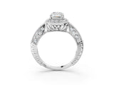 White gold Emerald Halo Diamond Split Shank Ring with Milgrain Detail_51