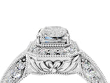 White gold Emerald Halo Diamond Split Shank Ring with Milgrain Detail_52