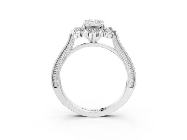 White Gold Emerald Cut Scalloped Milgrain Halo Engagement Ring Setting