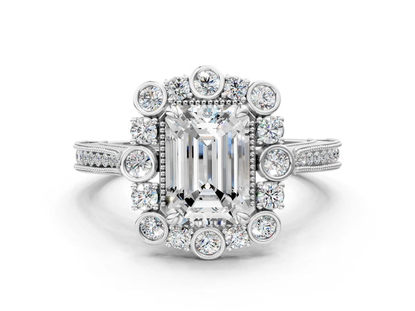 White Gold Emerald Cut Scalloped Milgrain Halo Engagement Ring Setting