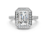 White gold Emerald Halo Milgrain Solitaire with Bezel Set Side Stones and Pave Band_32
