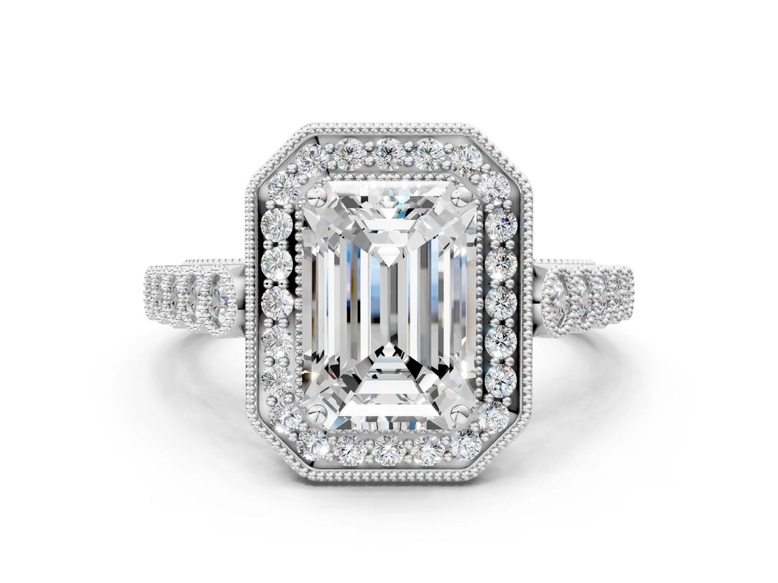 White gold Emerald Halo Milgrain Solitaire with Bezel Set Side Stones and Pave Band_32