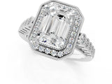 White gold Emerald Halo Milgrain Solitaire with Bezel Set Side Stones and Pave Band_33