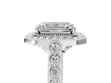 White gold Emerald Halo Milgrain Solitaire with Bezel Set Side Stones and Pave Band_37