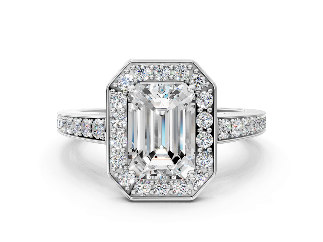 White gold Emerald Halo Pavé Diamond Engagement Ring with Bezel Setting_20