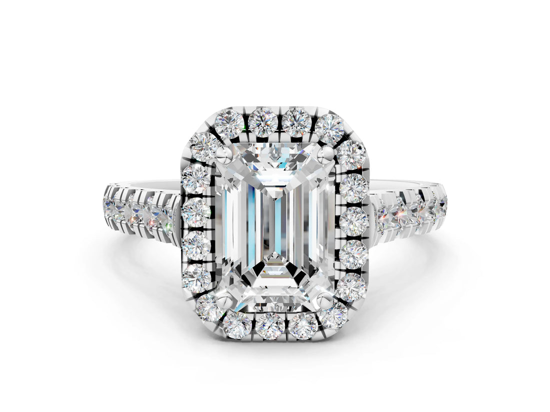 White gold Emerald Halo Pavé Diamond Engagement Ring with Four-Prong Setting_26