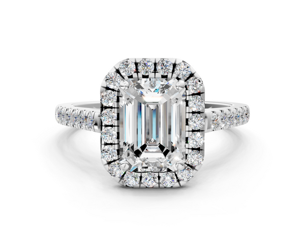 White gold Emerald Halo Pavé Diamond Engagement Ring with Four-Prong Setting
