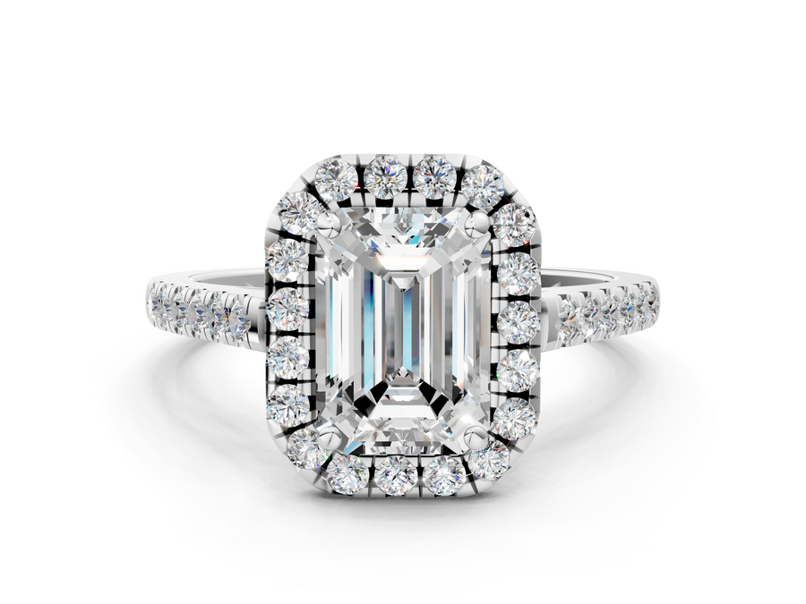 White gold Emerald Halo Pavé Diamond Engagement Ring with Four-Prong Setting