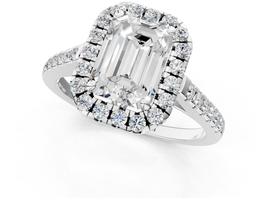 White gold Emerald Halo Pavé Diamond Engagement Ring with Four-Prong Setting