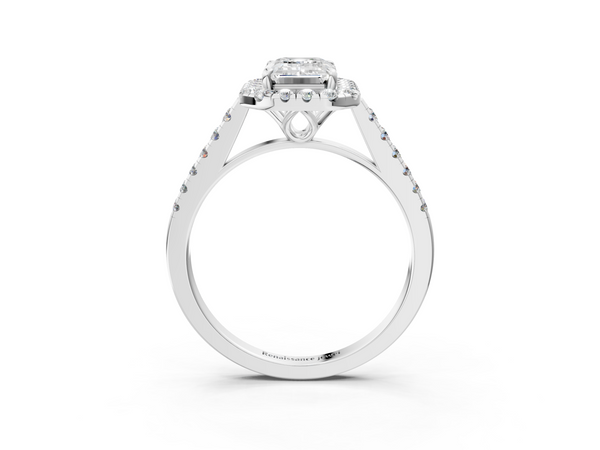 White gold Emerald Halo Pavé Diamond Engagement Ring with Four-Prong Setting
