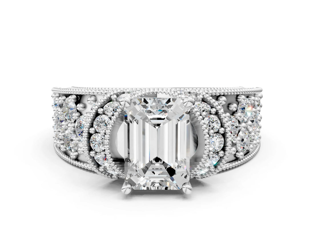 White gold Emerald Halo Pave Diamond Engagement Ring with Milgrain Detailing_49