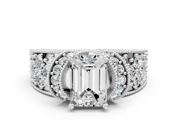 White gold Emerald Halo Pave Diamond Engagement Ring with Milgrain Detailing