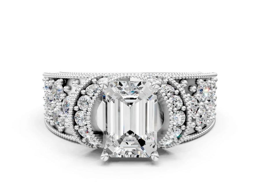 White gold Emerald Halo Pave Diamond Engagement Ring with Milgrain Detailing