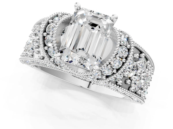 White gold Emerald Halo Pave Diamond Engagement Ring with Milgrain Detailing