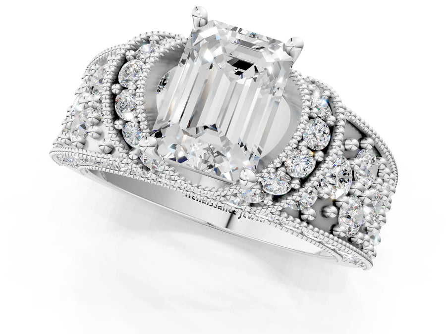 White gold Emerald Halo Pave Diamond Engagement Ring with Milgrain Detailing