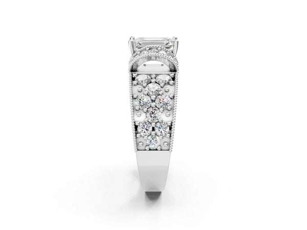 White gold Emerald Halo Pave Diamond Engagement Ring with Milgrain Detailing