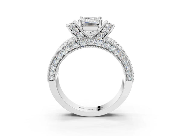 White gold Emerald Halo Pave Diamond Engagement Ring with Milgrain Detailing