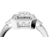 White gold Emerald Halo Round Diamond Milgrain Pave Engagement Ring_13