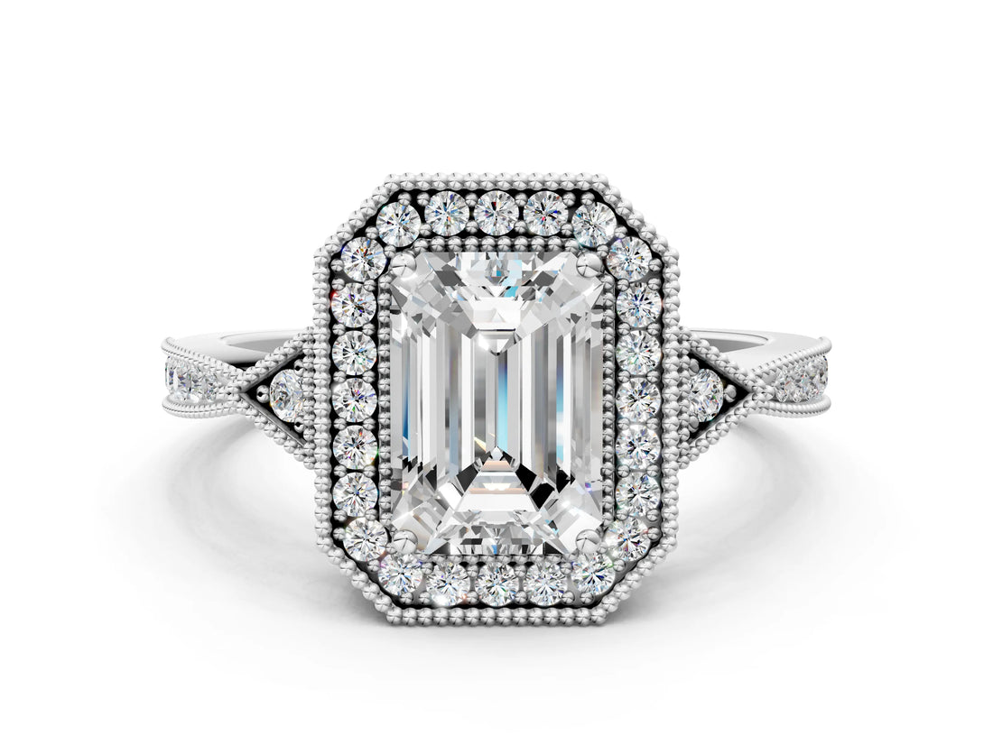 White gold Emerald Halo Round Diamond Milgrain Pave Engagement Ring_19