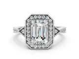 White gold Emerald Halo Round Diamond Milgrain Pave Engagement Ring_19