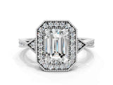 White gold Emerald Halo Round Diamond Milgrain Pave Engagement Ring_31