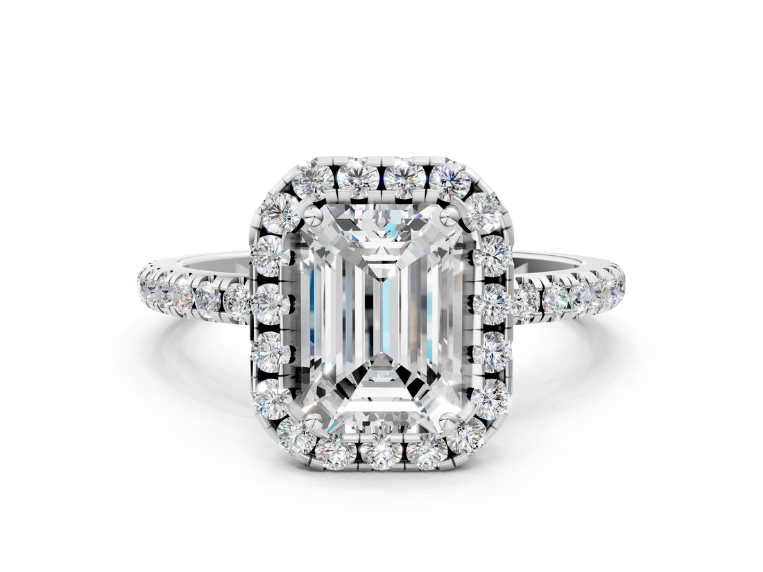 White gold Emerald Halo Round Diamond Pavé Band Four-Prong Ring_3