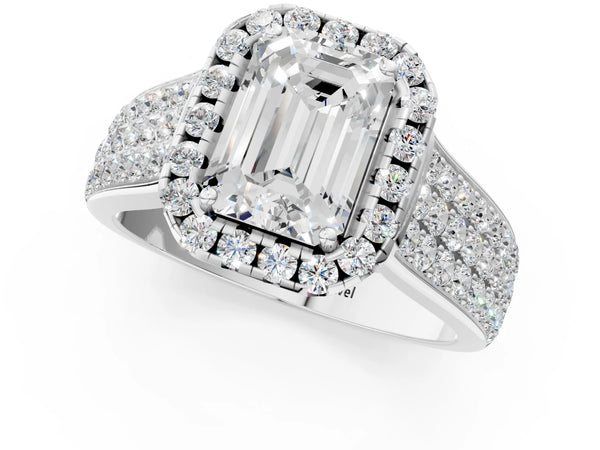 White gold Emerald Halo Round Diamond Pave Band with Prong Setting