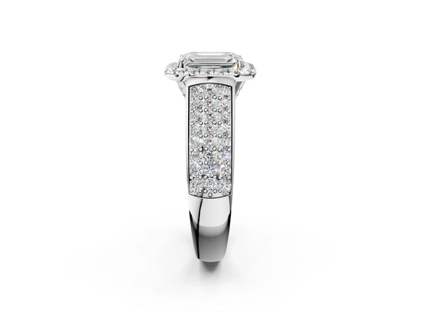 White gold Emerald Halo Round Diamond Pave Band with Prong Setting