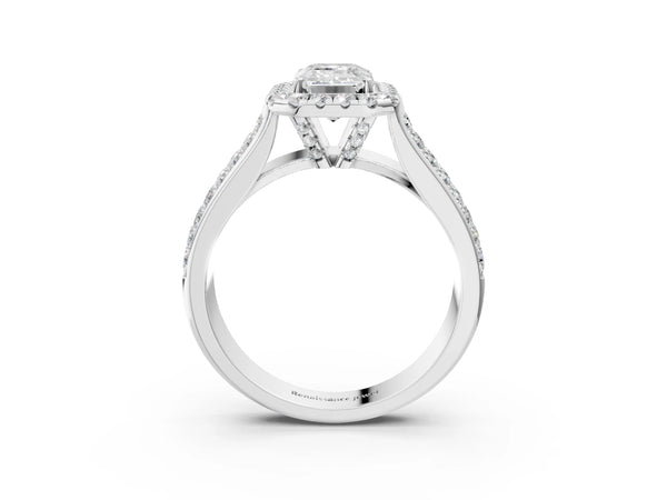 White gold Emerald Halo Round Diamond Pave Band with Prong Setting